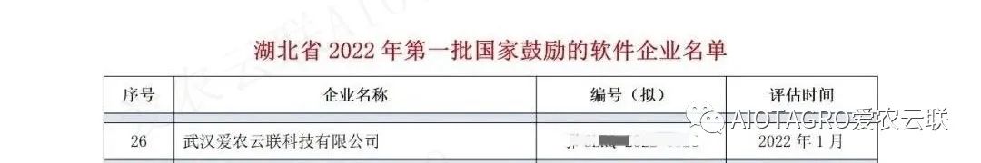 武汉爱农云联科技有限公司正式入选湖北省2022年第一批国家鼓励的软件企业